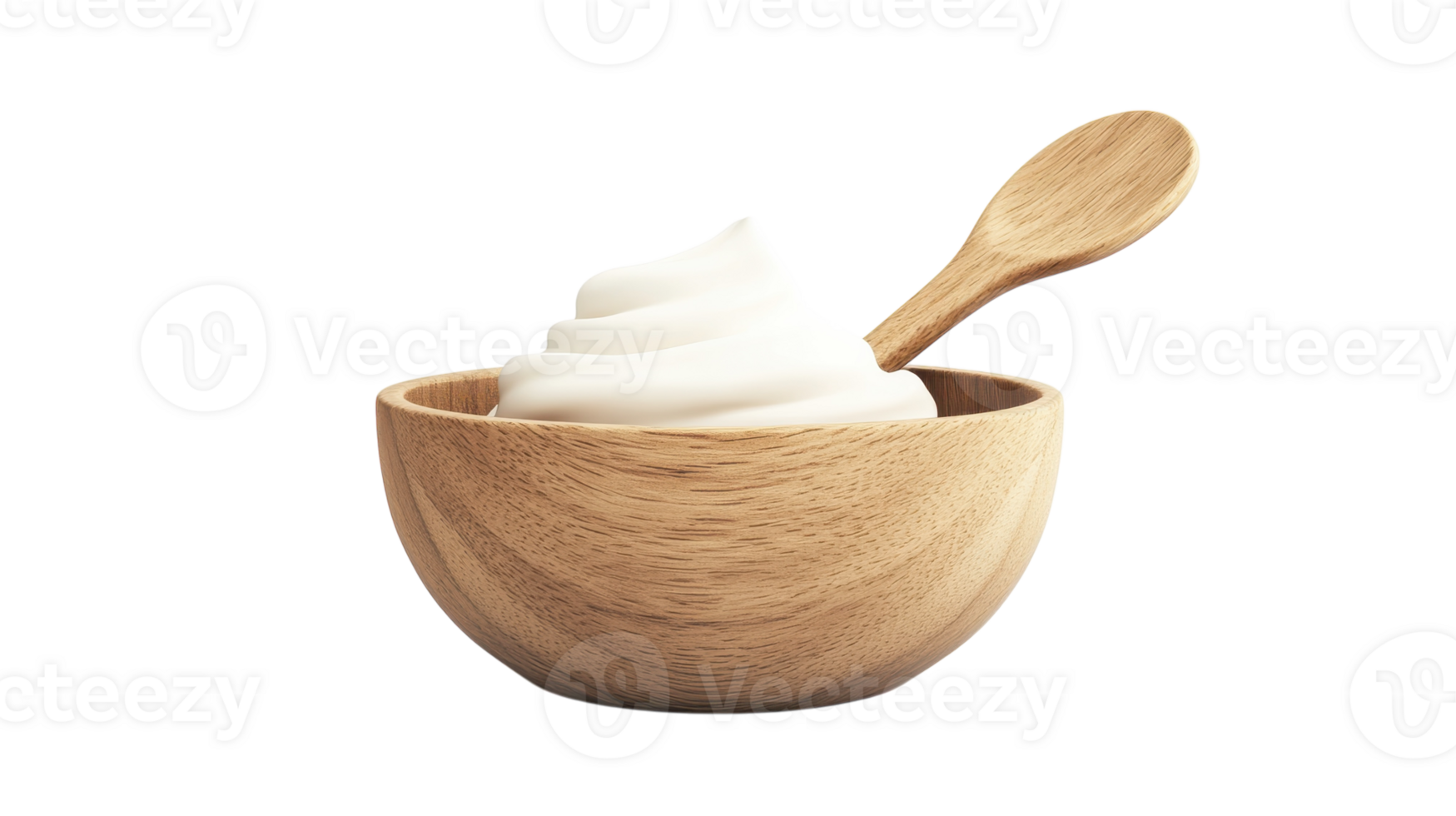 A wooden bowl with whipped cream and a wooden spoon png