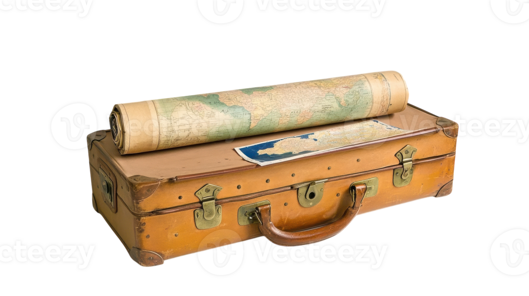 A suitcase with a map and a roll of paper png