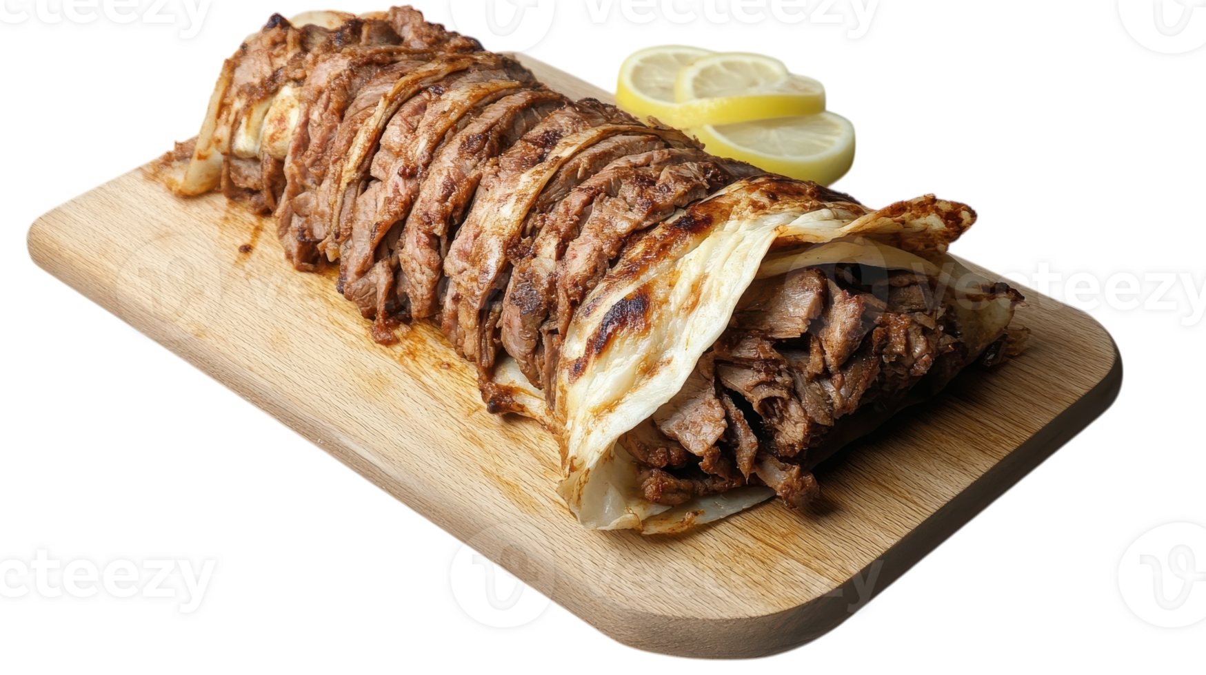 A piece of meat on a cutting board with a lemon png
