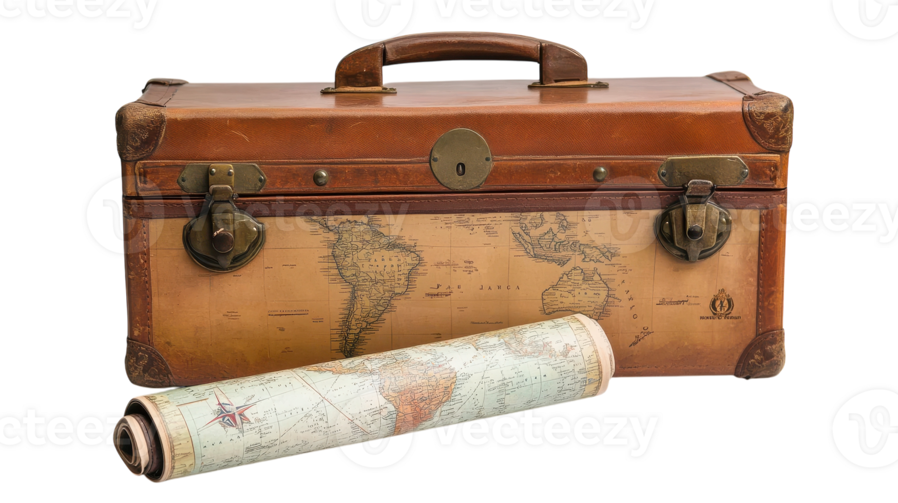A suitcase and map with a roll of paper png