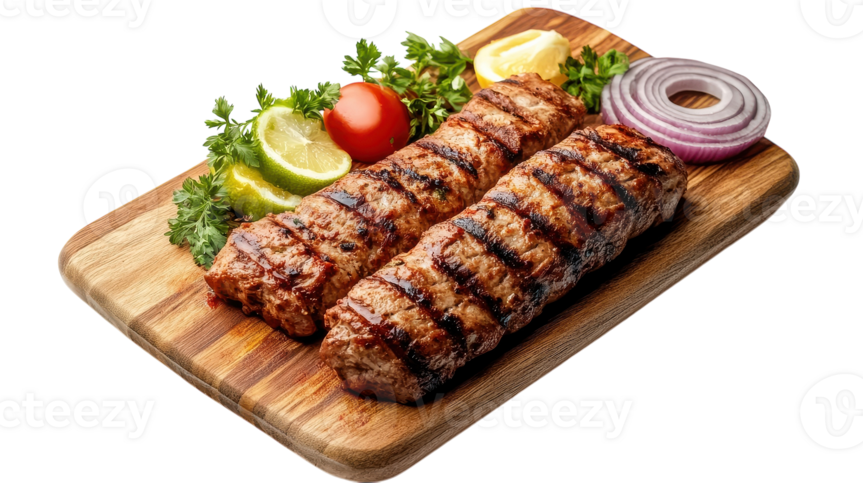 Grilled meat on a wooden cutting board with vegetables png