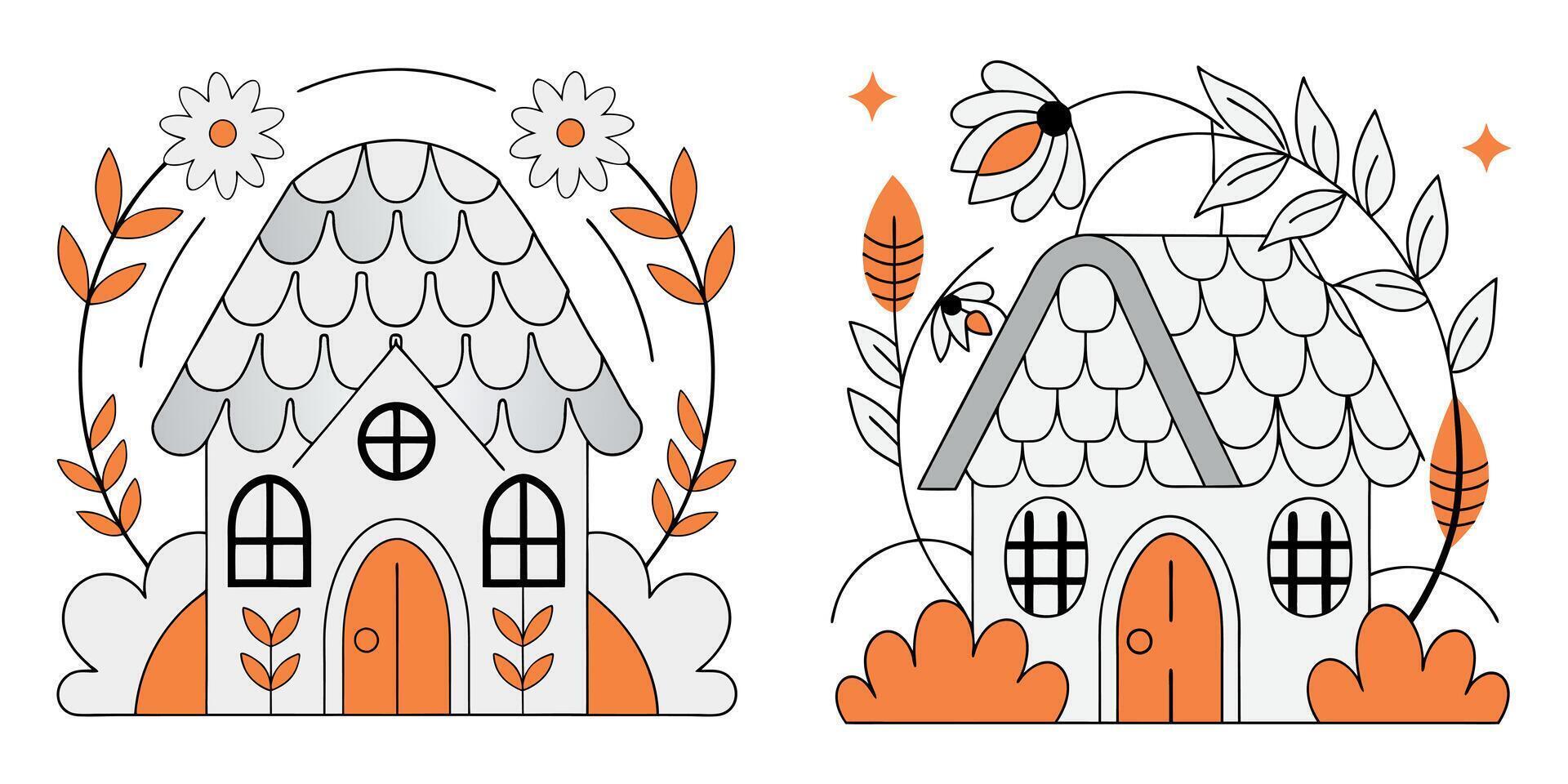 Hand drawn cute fantasy house outline coloring page for kids and adults vector