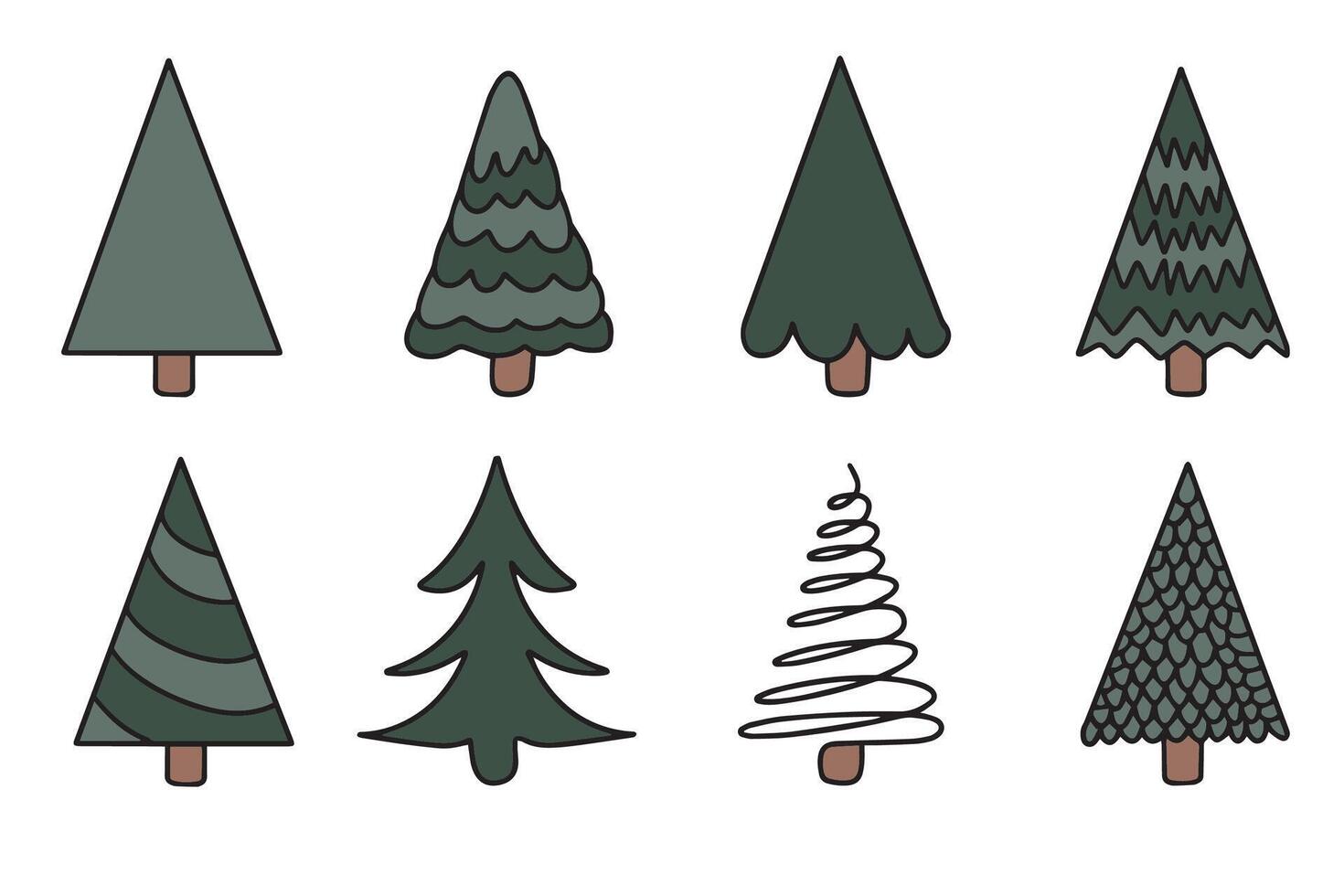 Set of hand drawn green Christmas trees. Modern Christmas trees in doodle style. set for holiday greeting cards, packaging, decor. vector