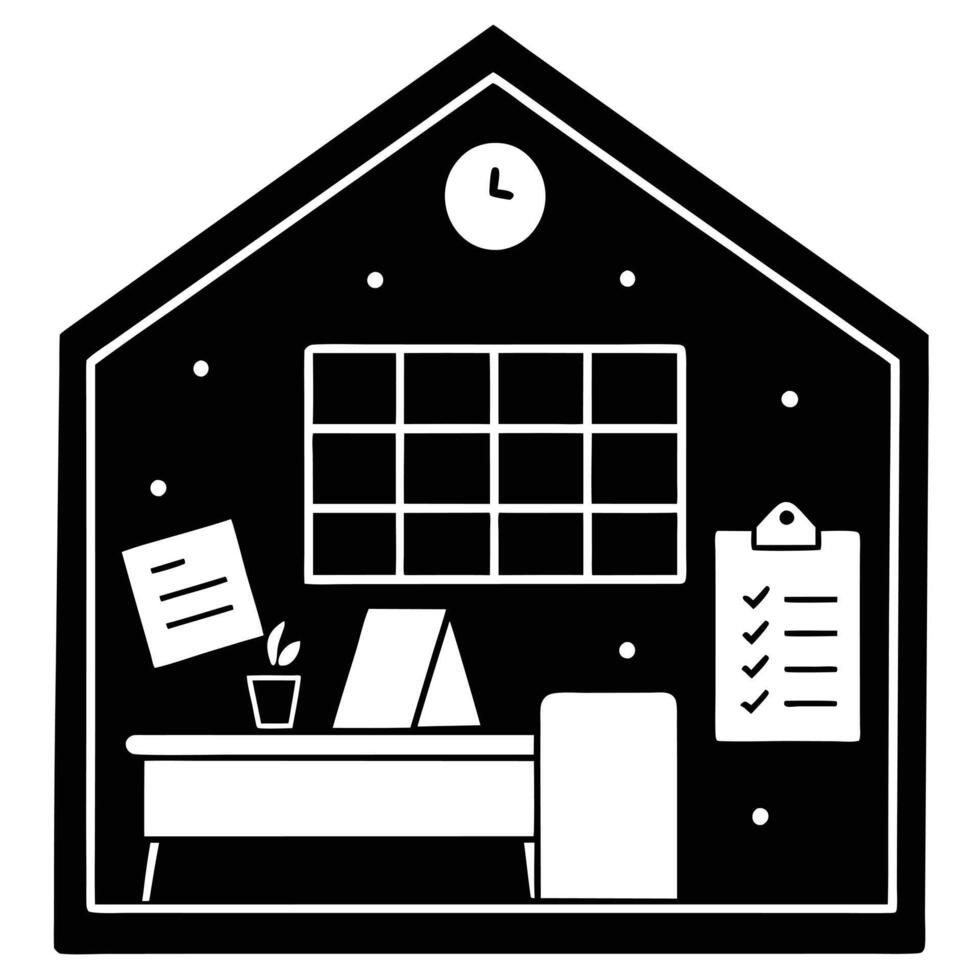 Serene Home Office with Corkboard Calendar for Remote Work Efficiency vector