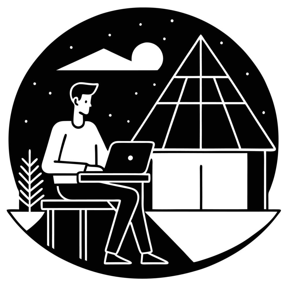Digital Nomad's Rooftop Remote Work Silhouette urban laptop office vector