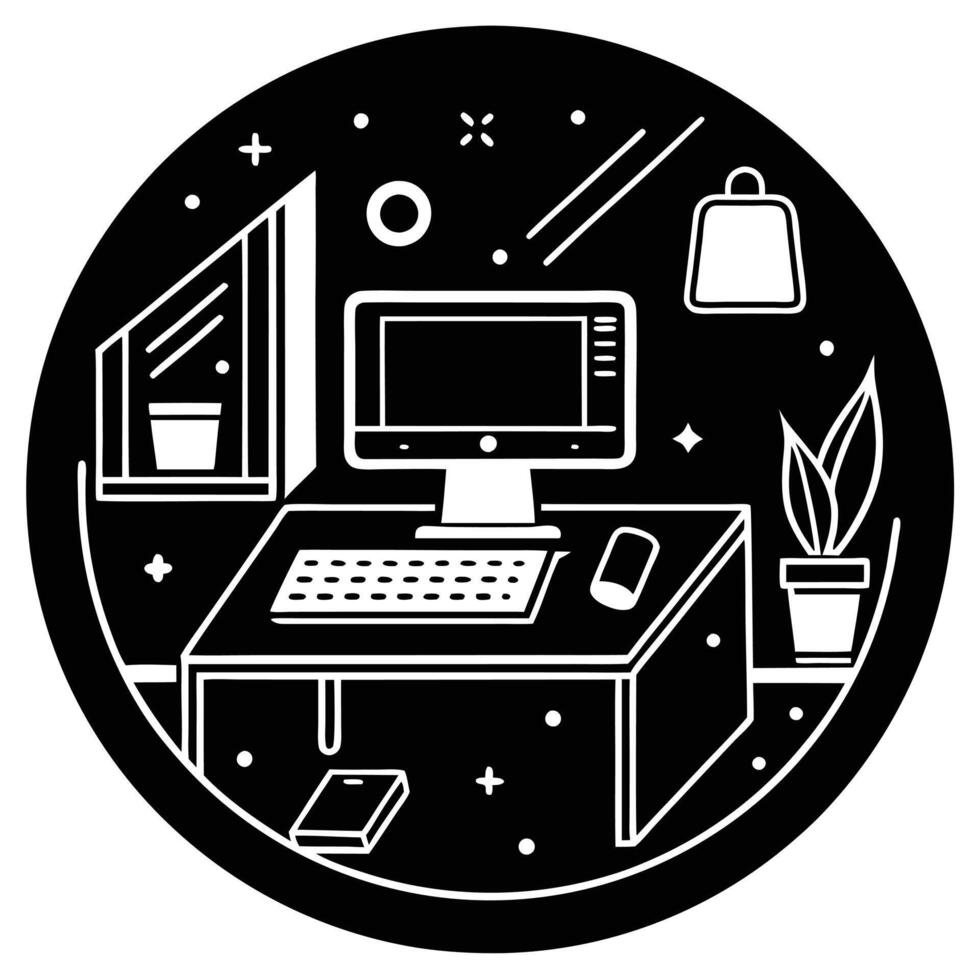 Vibrant Flat Workspace for Remote Work desk laptop coffee plants vector