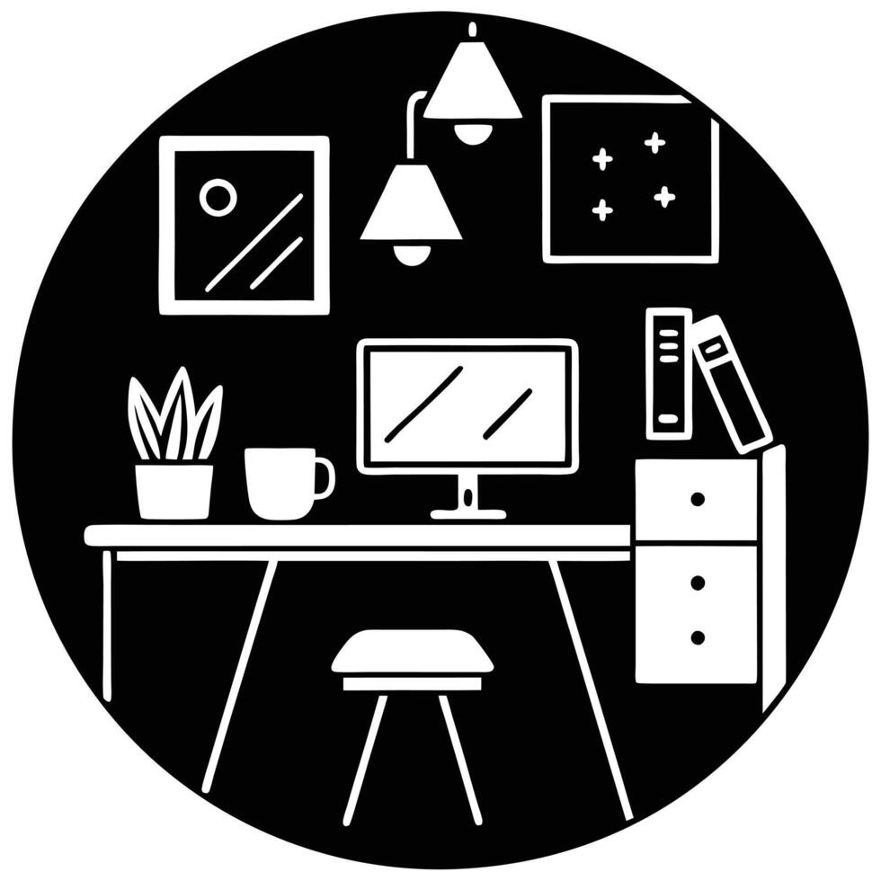 Productive Home Office Zone Silhouette on White vector