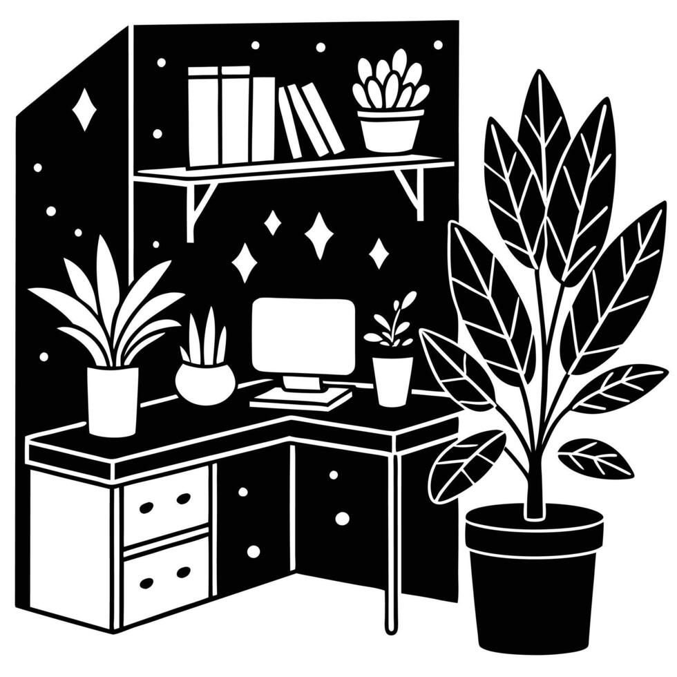 Tranquil Home Office Haven Embraced by Nature's Embrace WFH serenity vector