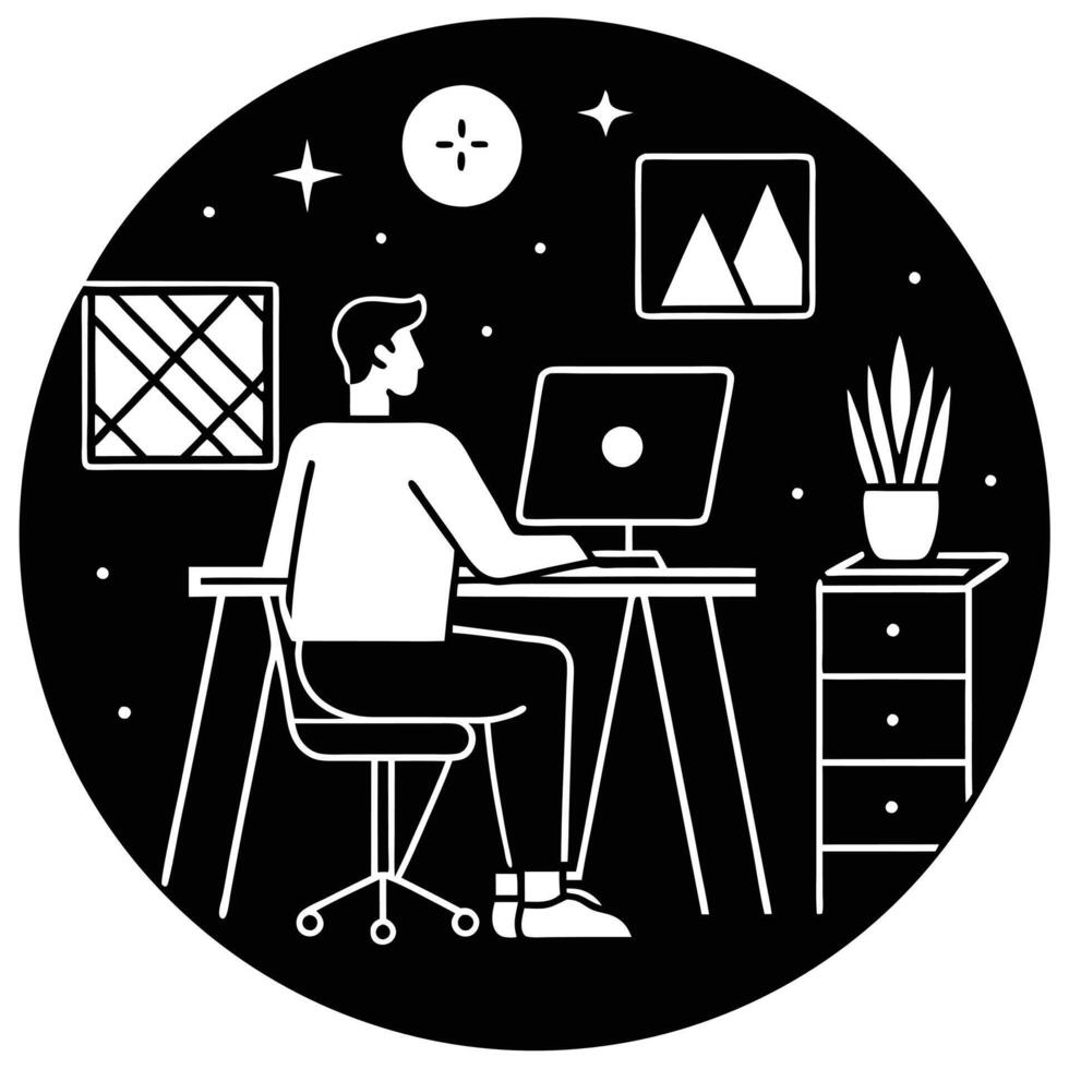 Freelancer in Motivational Workspace Silhouette on White vector