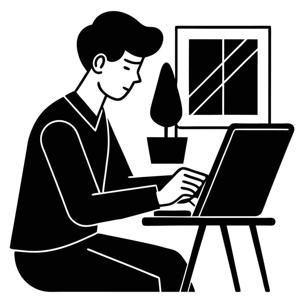 Designer Working on Digital Tablet Silhouette on White vector