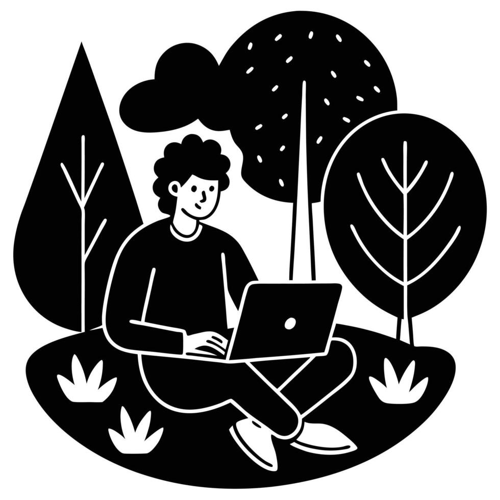 Nomad Working in Park Silhouette on White vector