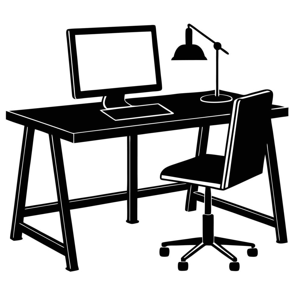Standing Desk with Ergonomic Chair Silhouette on White vector