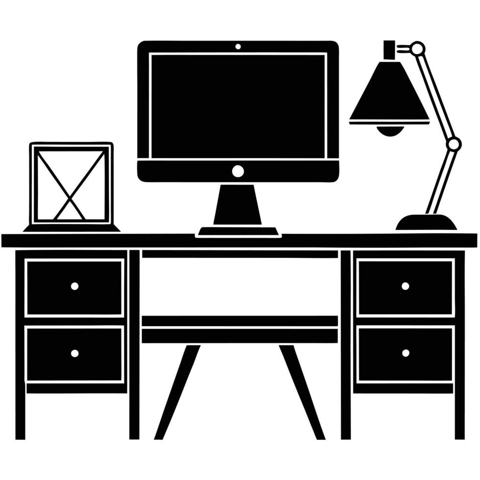 Remote Home Office Silhouette on White Background vector