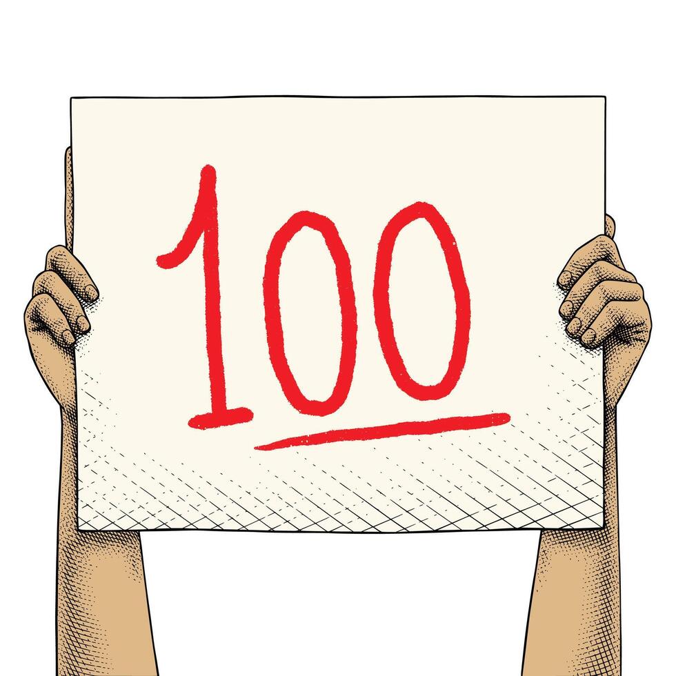 Hand Raises a Sign That Says 100 Colored vector