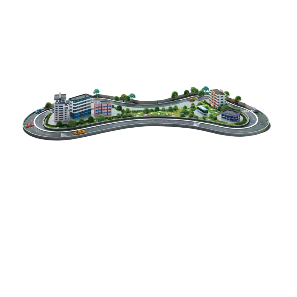 Playful Toy City Display with Small-Scale Buildings and Trees for a Fun Urban Landscape png