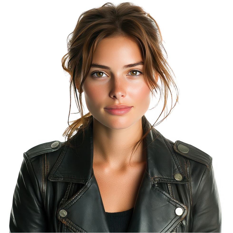 A young woman with a confident expression wearing a leather jacket png