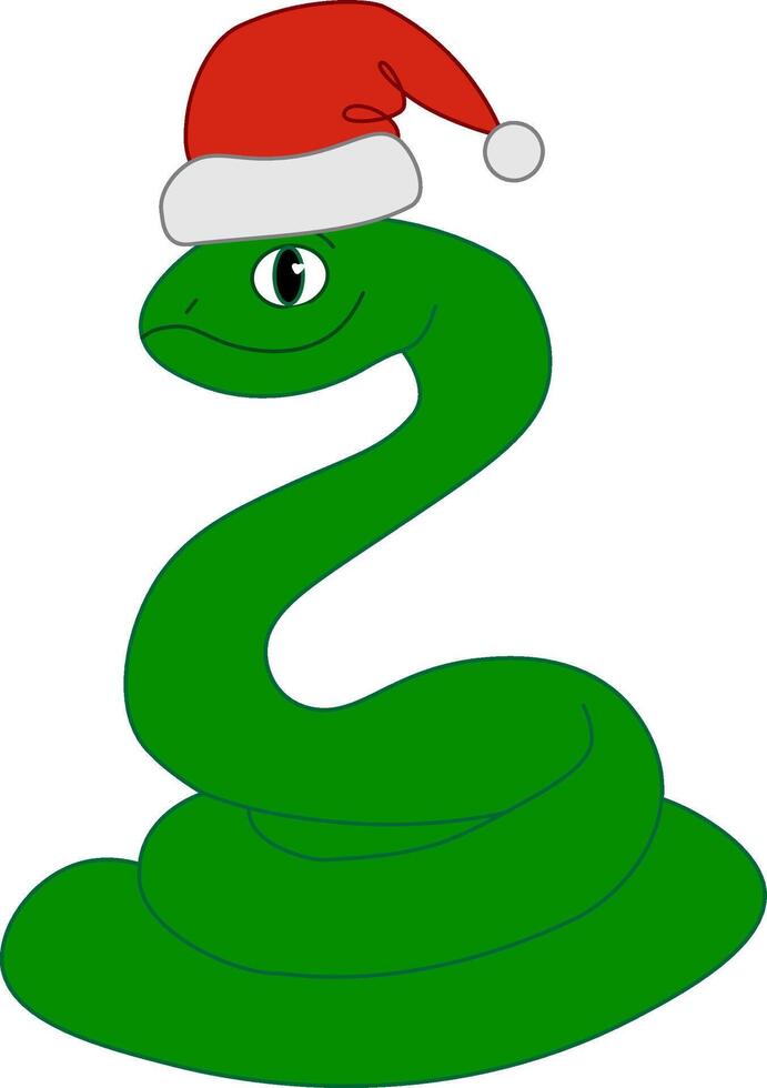 Cute green snake in santa hat as a symbol of 2025 chinese new year. Christmas wreath. greeting card for holiday. graphic line illustration vector
