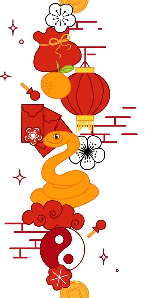 Isolated illustration snake china new year seamless border Animal background with stylized snakes. graphic line colored silhouette. vector