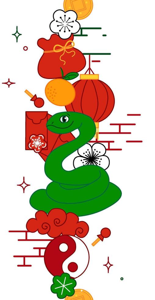 Chinese new year lantern festival green snake seamless border. Graphic line Illustration. Lunar New Year Decorative Banner. Chinese New Year Elements Set vector