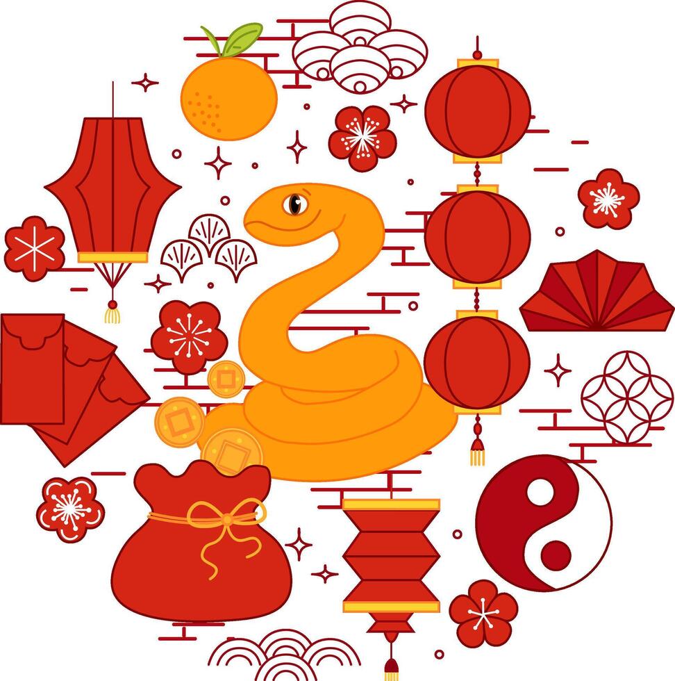 Chinese year of zodiac snake 2D illustration concept. Graphic line snake CNY lantern festival round composition. Serpent reptile. New year animal 2025 isolated on transparent white. vector