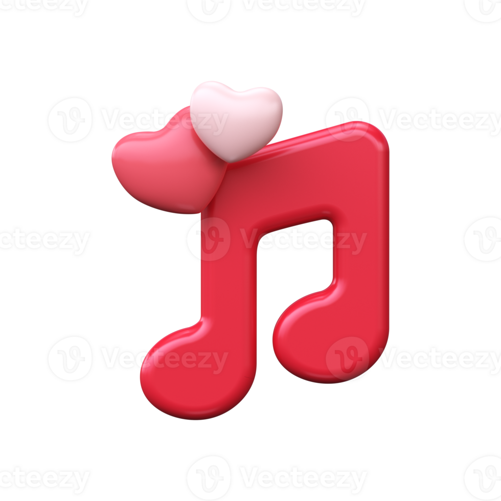 Musical notes icon and heart. 3D symbol of Valentine's Day png
