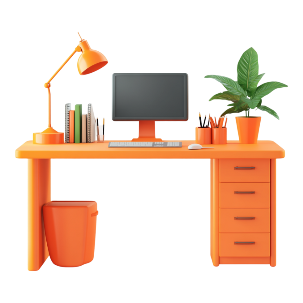 An orange desk with a computer, lamp and plant png