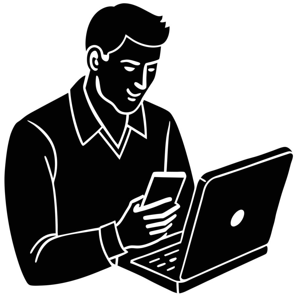 Man Typing with Smartphone Silhouette Isolated vector