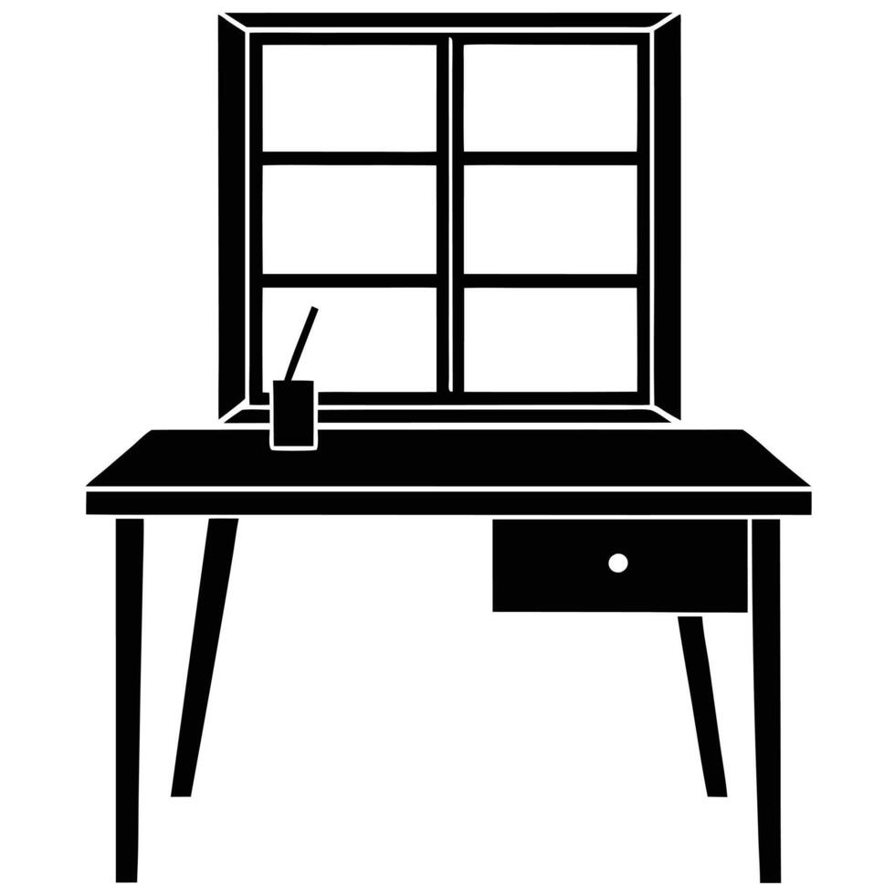 Wide Desk Near Window Silhouette on White vector