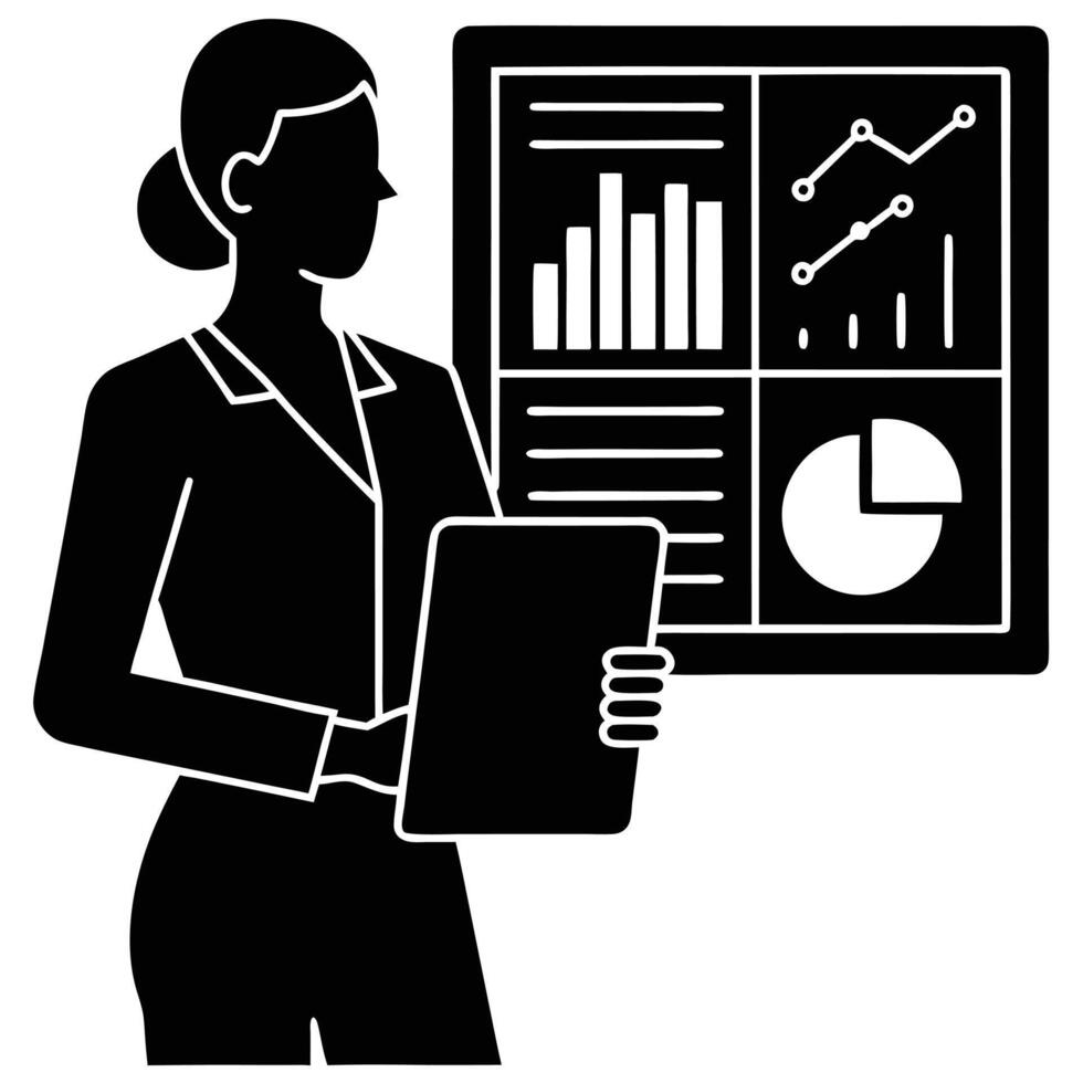 Virtual Assistant Analyzing Data Charts Silhouette vector