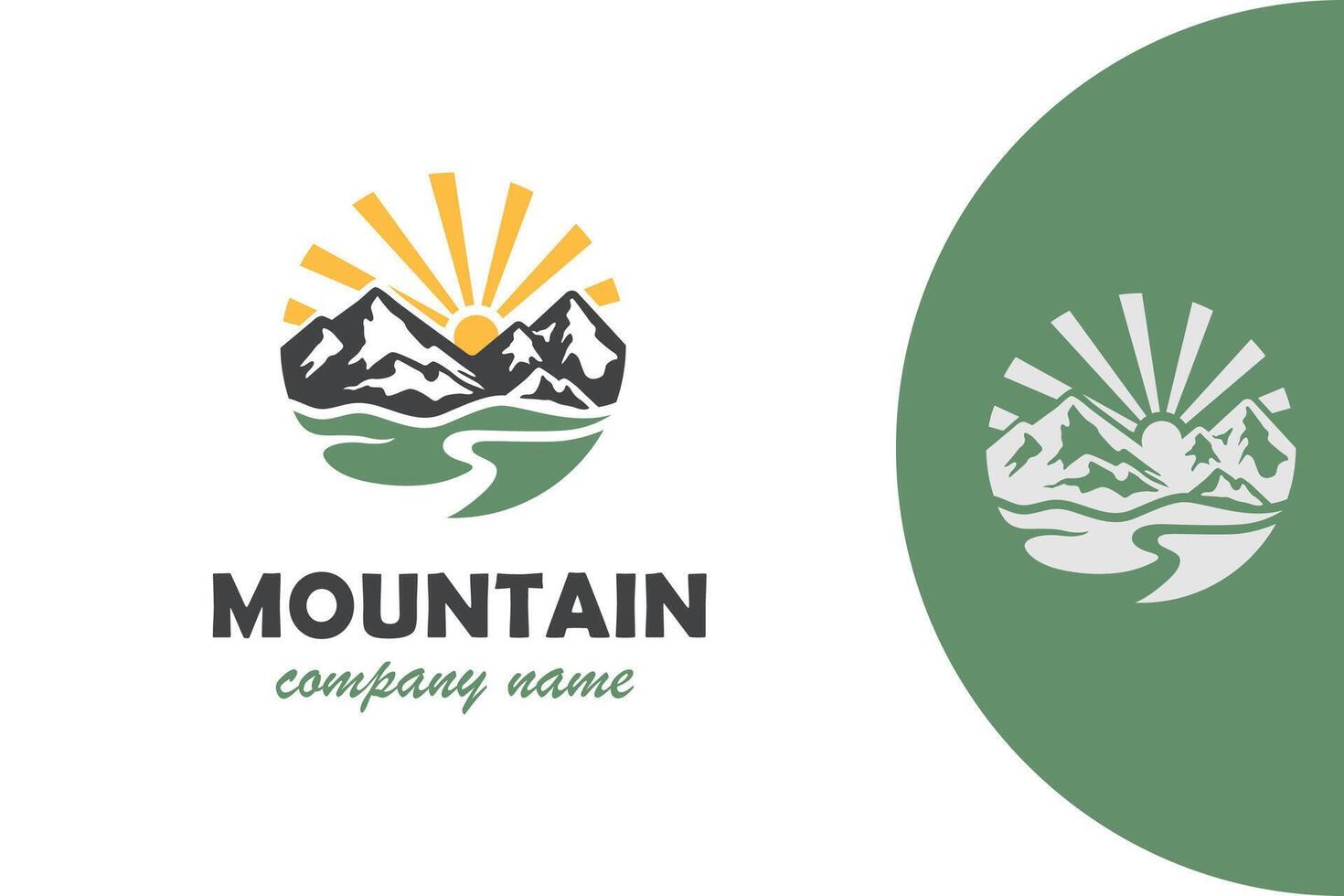 Mountain rock Landscape Vintage Logo with trekking and sunset or sunrise graphic Silhouette. ravine as symbol of nature exploration logo illustration vector