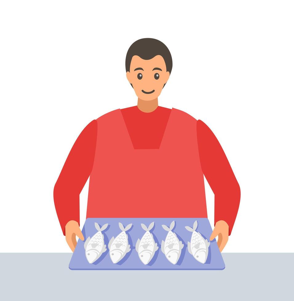 Man selling fish in traditional market vector