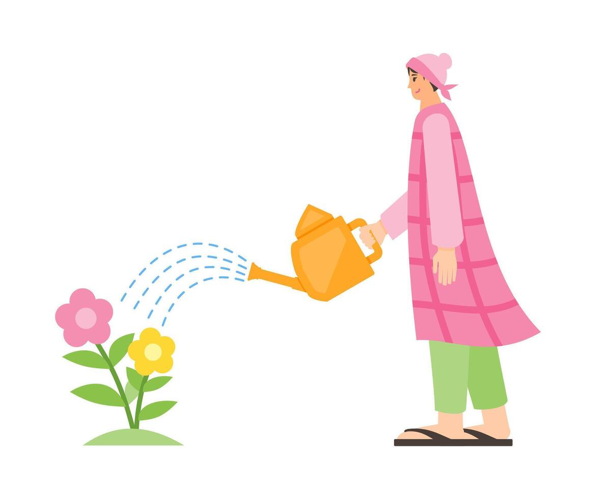 Woman or mother watering flower plants using watering can vector