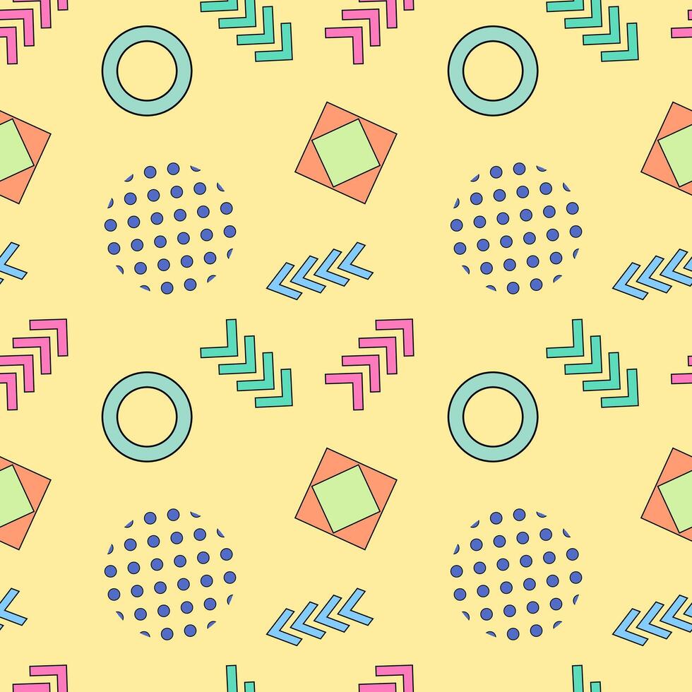 Seamless geometric pattern featuring arrows, circles, dotted elements, and colorful shapes on a soft yellow background. vector