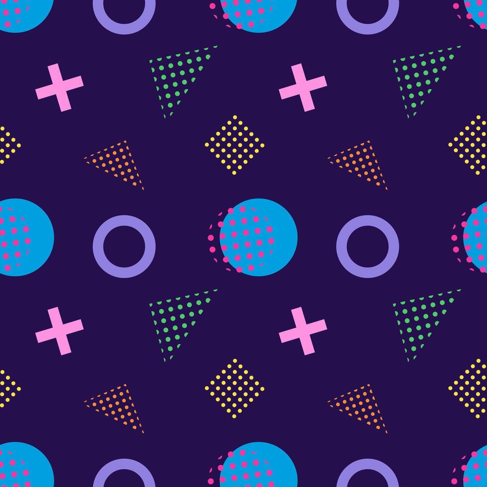 Seamless geometric pattern featuring circles, crosses, triangles, and dotted shapes in vibrant colors on a dark background. vector