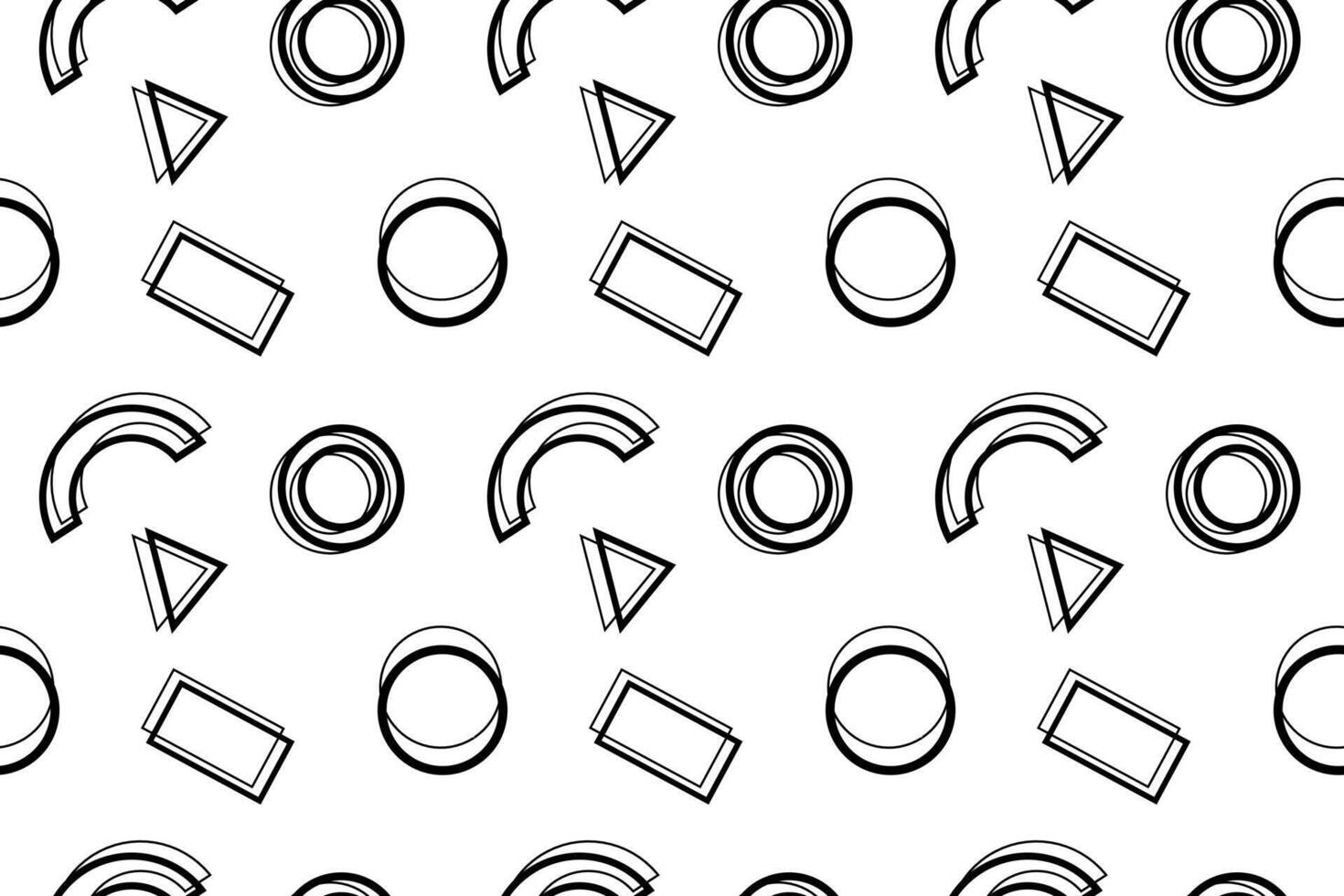 Black-and-white seamless pattern featuring circles, rectangles, triangles, and semi-circles in a minimalistic design. vector