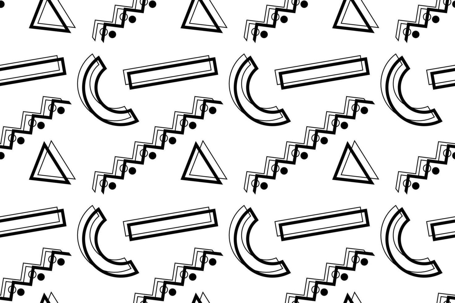 Minimalist monochrome seamless pattern with black zigzags, triangles, and rectangles on a white background. vector