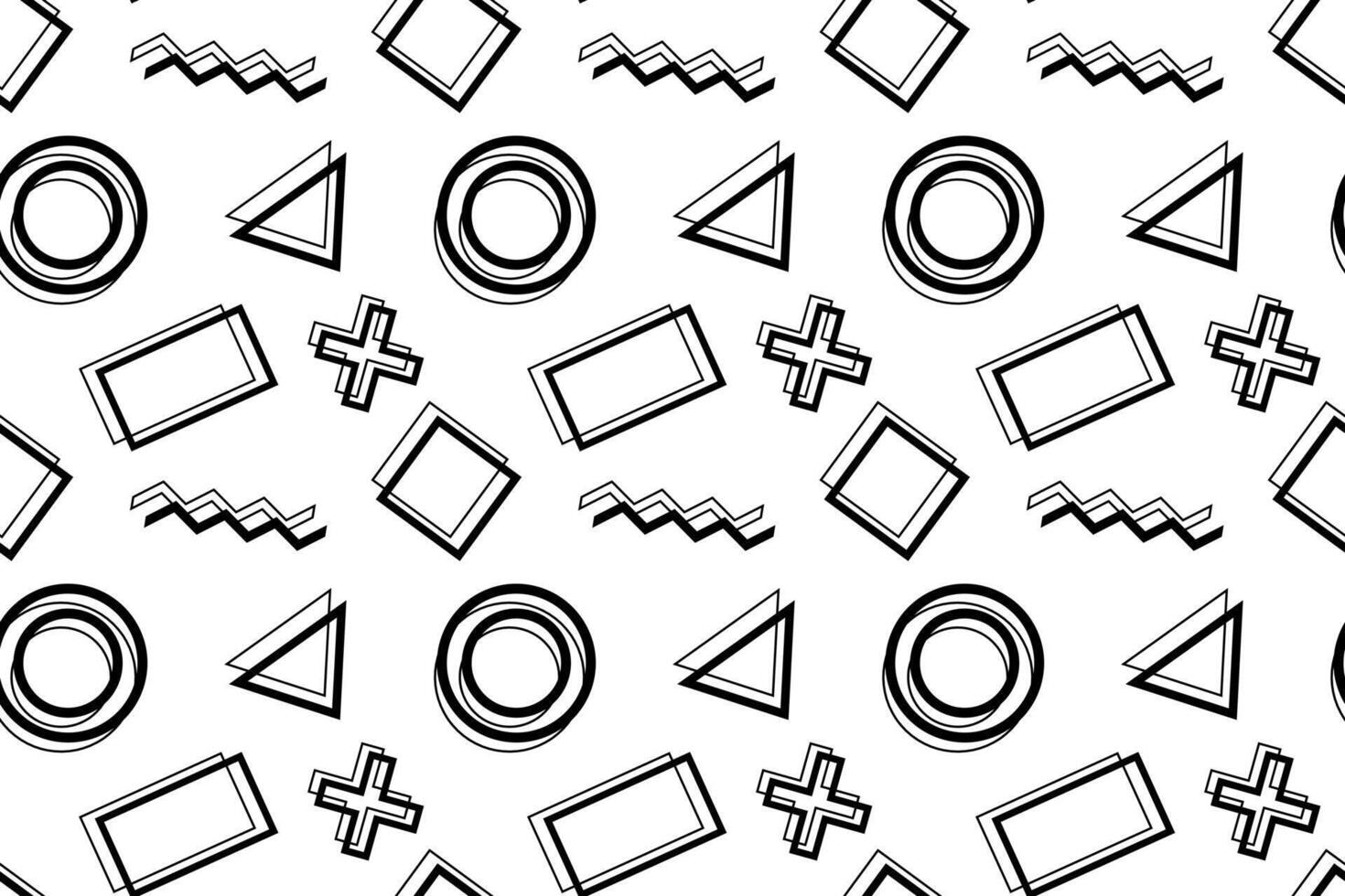Seamless black-and-white geometric pattern featuring circles, triangles, rectangles, crosses, and zigzag lines. vector