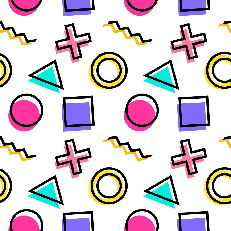 Seamless pattern of vibrant geometric shapes including circles, squares, triangles, and crosses in modern pop art style. vector