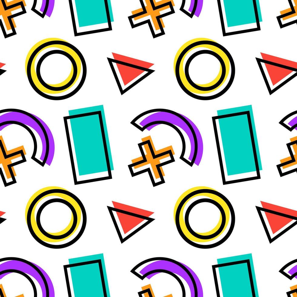 Seamless abstract pattern with bold geometric shapes including circles, triangles, arcs, rectangles, and plus symbols on a white background. vector