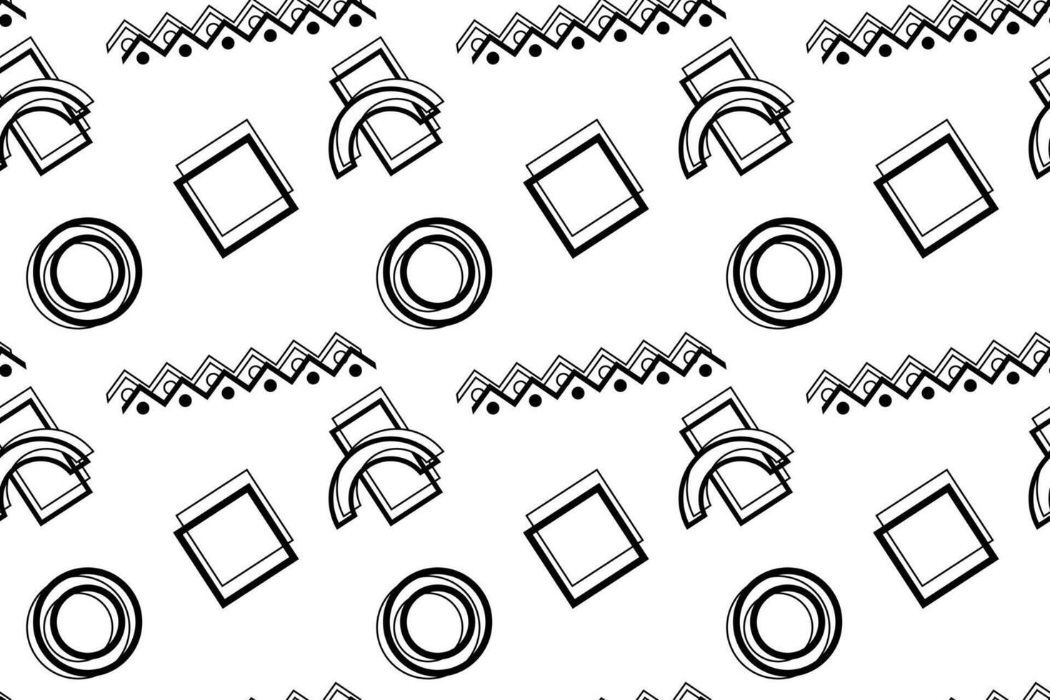 Monochrome seamless pattern with circles, squares, zigzags, and abstract shapes in a clean design. vector