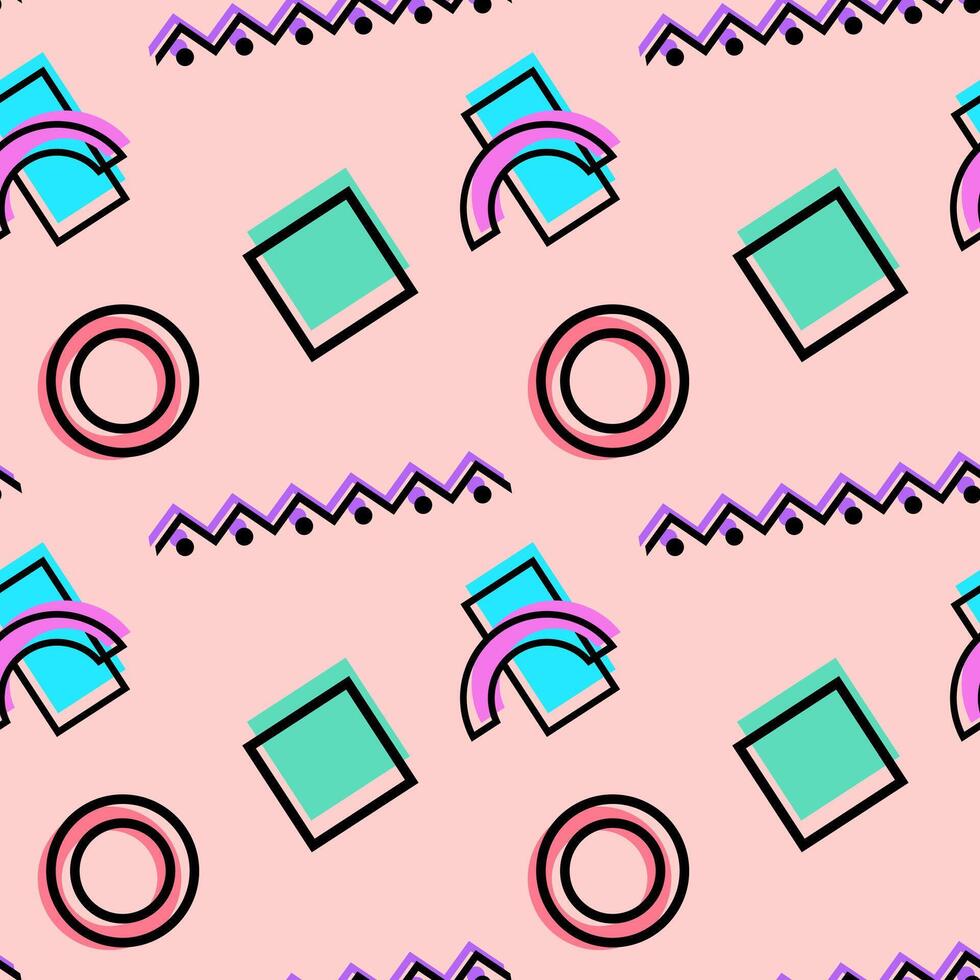 Seamless geometric pattern featuring pastel tones, including pink, green, and blue rectangles, circles, zigzag lines, and arcs. vector