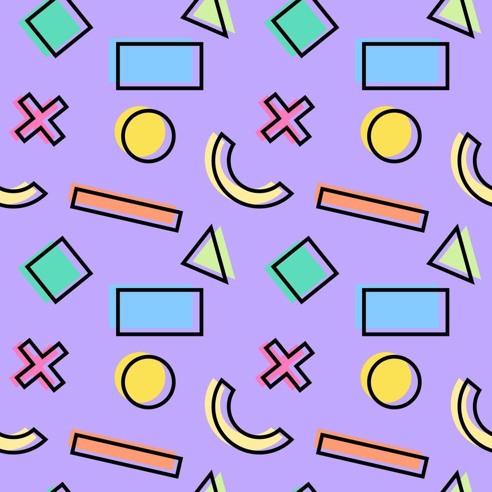 Seamless abstract pattern with colorful geometric shapes including circles, triangles, rectangles, and crosses on a purple background. vector