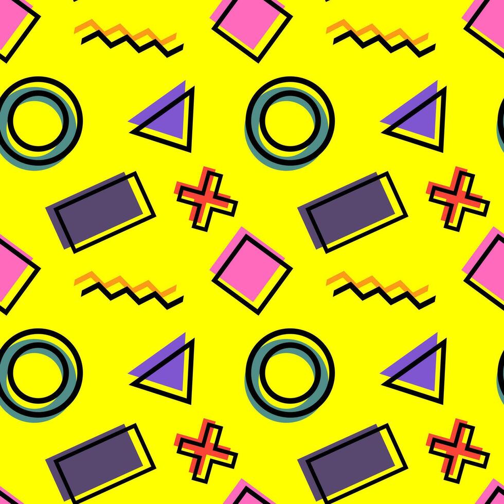Seamless geometric pattern with circles, triangles, rectangles, zigzags, and crosses in bold retro colors on a yellow background. vector