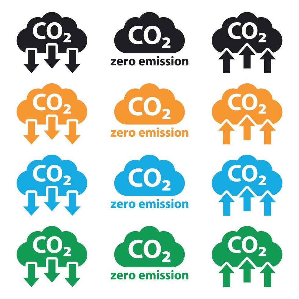 CO2 Emission Reduction Icon Set, Multicolor Zero Emission and Carbon Indicators. vector