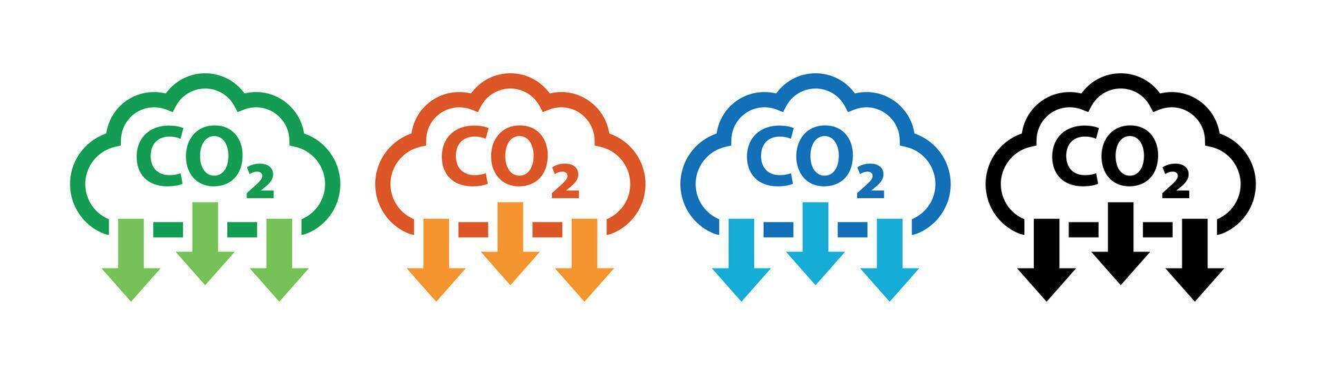CO2 Reduction Icon Set, Carbon Cut, Zero Emissions, and Low Greenhouse Gas Pictograms in Multicolor Collection vector