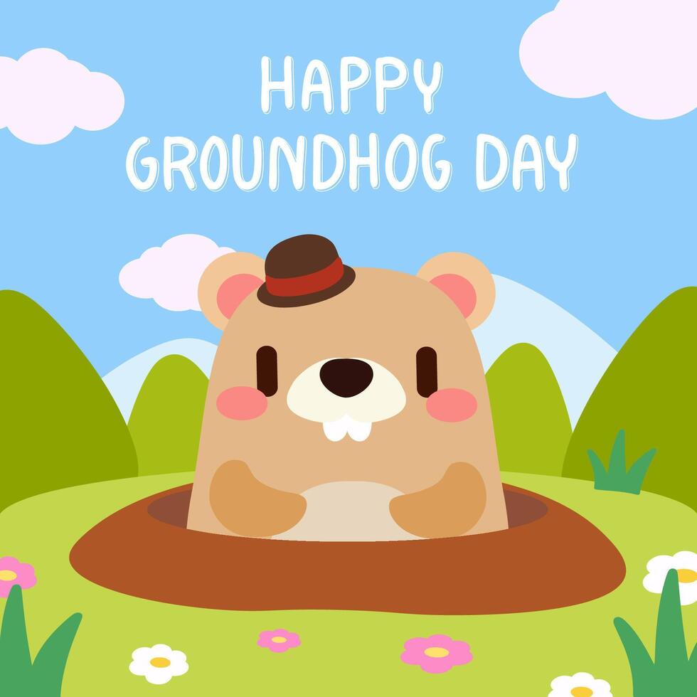 Cute Groundhog Popping Out of a Hole for Groundhog Day. Adorable cartoon groundhog peeking out of a hole, surrounded by nature, flowers, and a bright blue sky. vector