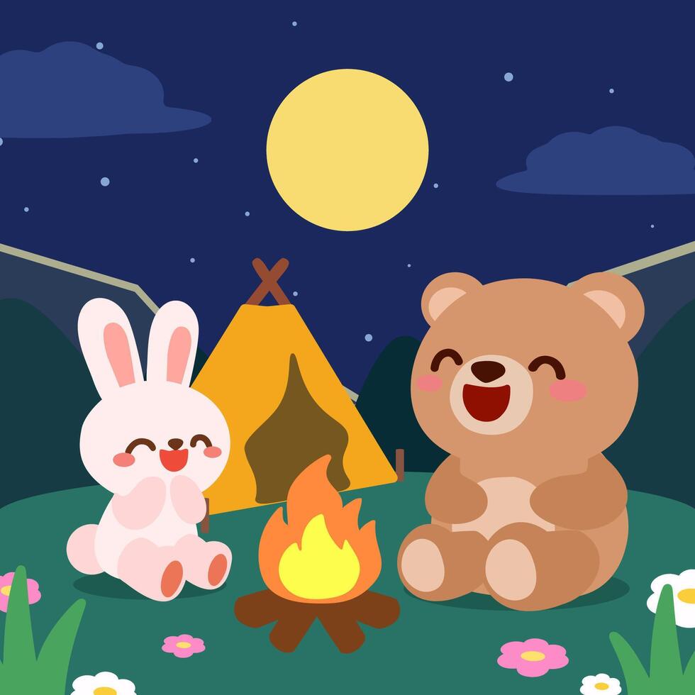 Adorable camping scene featuring a bear and bunny sitting around a campfire under a full moon, with a tent and starry sky in the background. vector