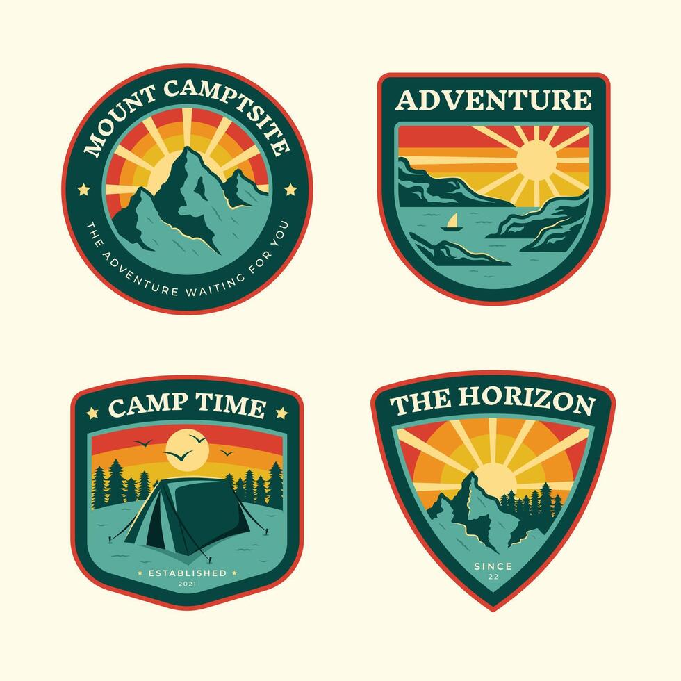 Four badges with the words adventure, camp, and the horizon vector