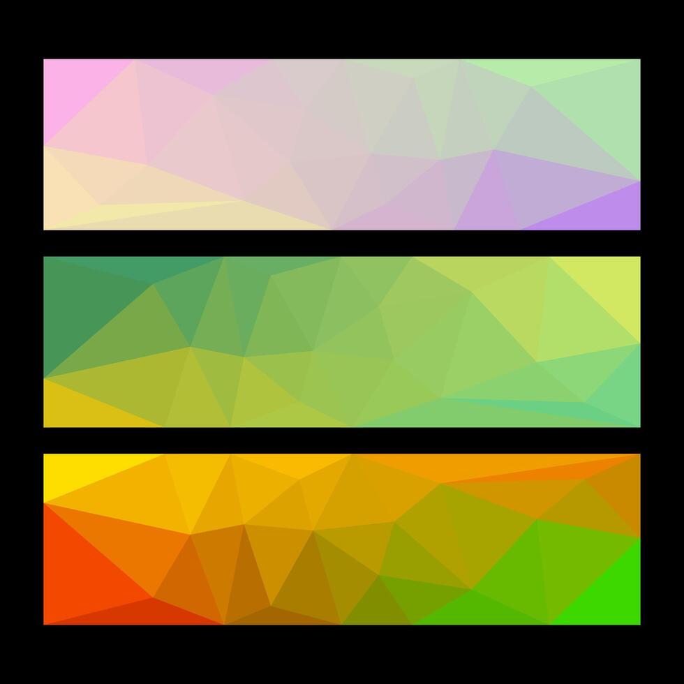 Set of three colorful low-poly abstract banner designs in pastel, green, and warm orange tones, perfect for modern creative projects and digital branding. vector
