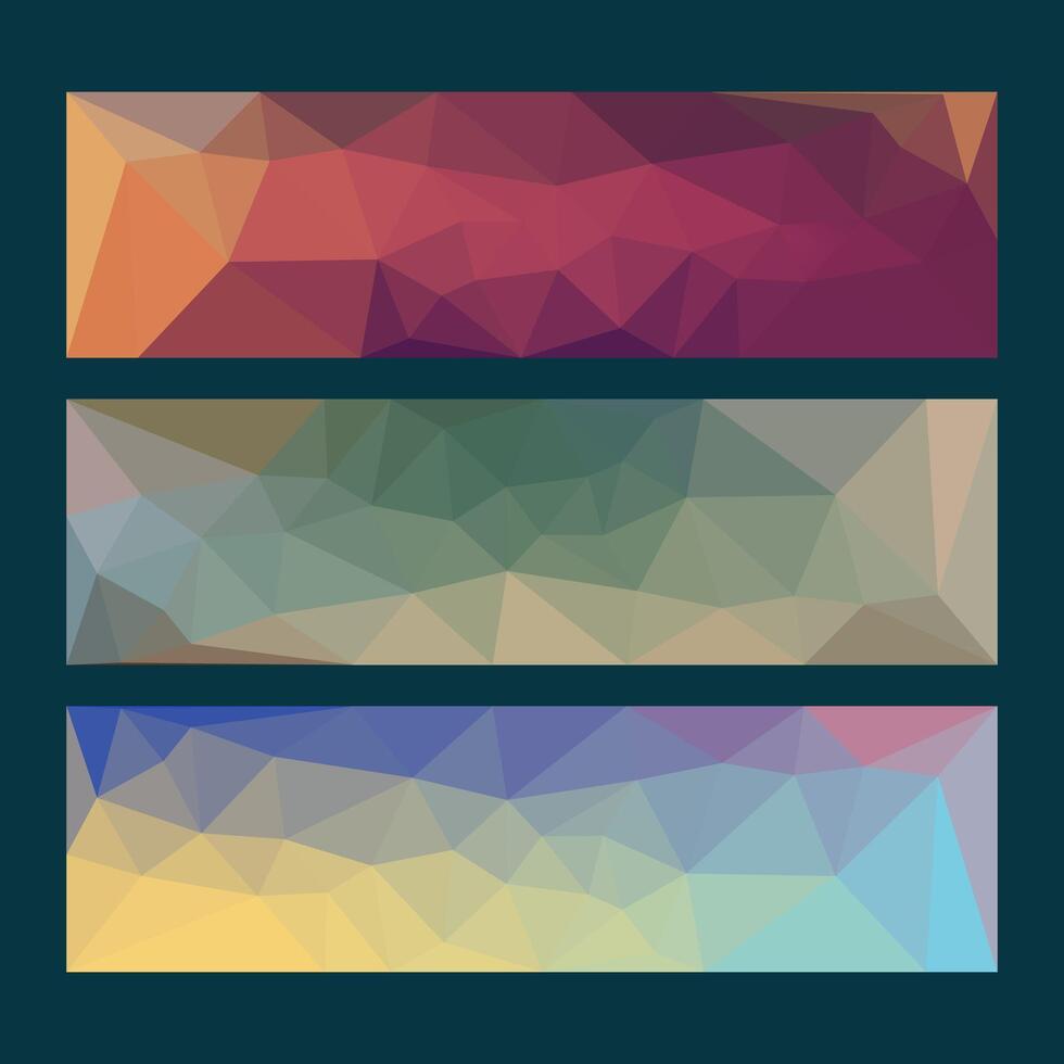 A set of three abstract low-poly banner designs with colorful geometric patterns, featuring modern and vibrant gradients, suitable for web headers, advertisements, or creative projects. vector